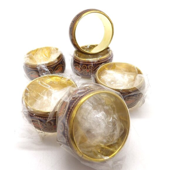 Dinner Napkin Rings Brass with Enameled Brown Design Set of 6 NEW - Picture 4 of 4